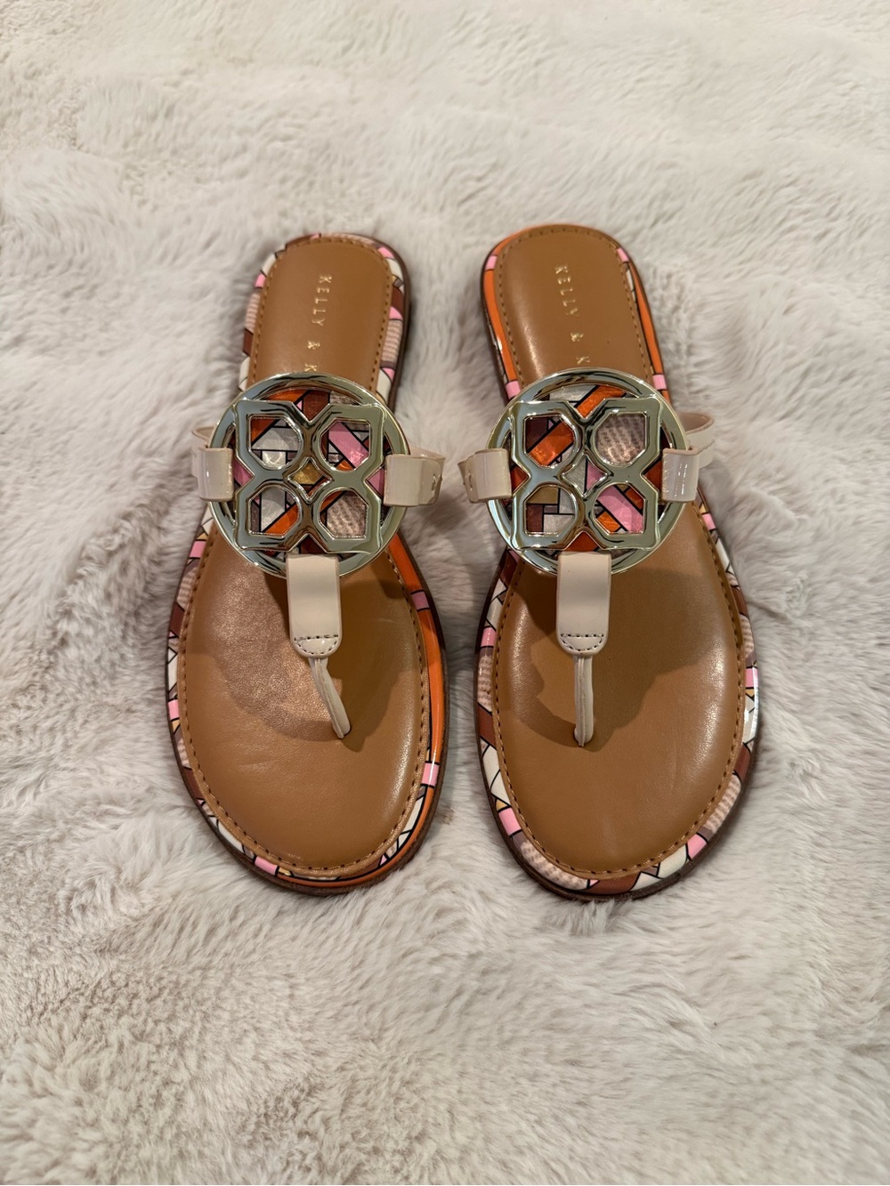 Beige Leather Thong Sandals with Pink & Orange Trim, Gold Hardware